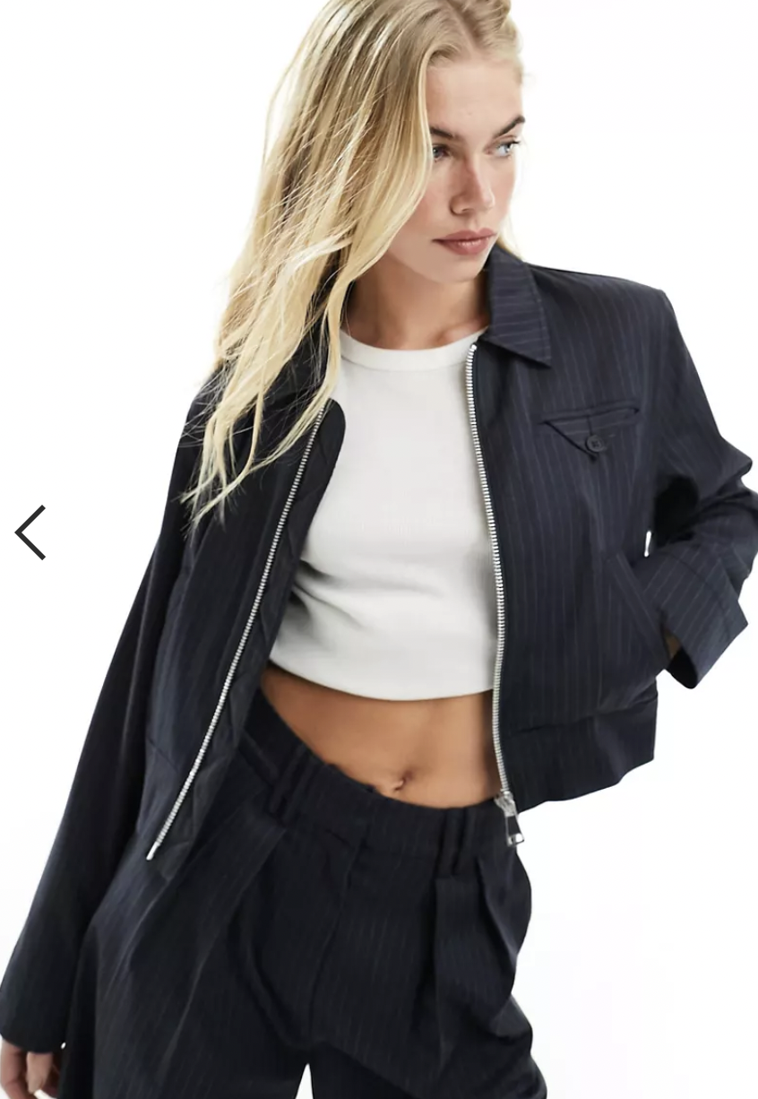 co-ord bomber jacket in navy pinstripe
