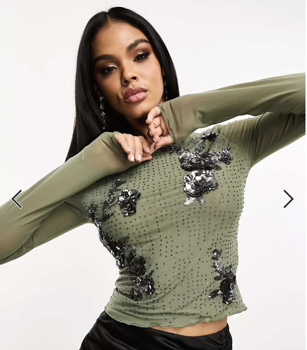 long sleeve top with hotfix and 3D embellishment in dark green