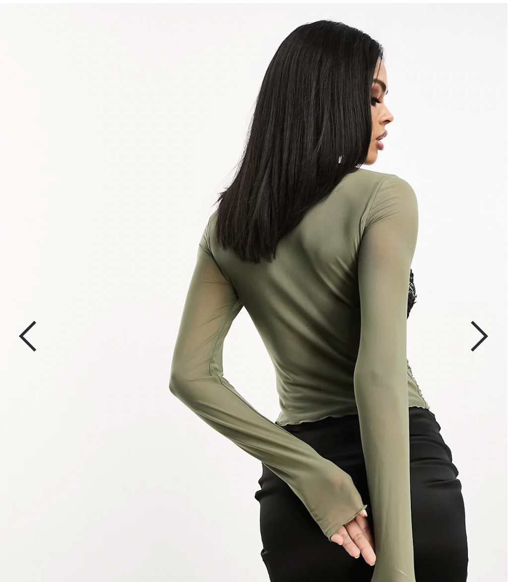 long sleeve top with hotfix and 3D embellishment in dark green